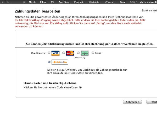 iTunes aktuell Probleme mit Geschenkkarten und Click&Buy